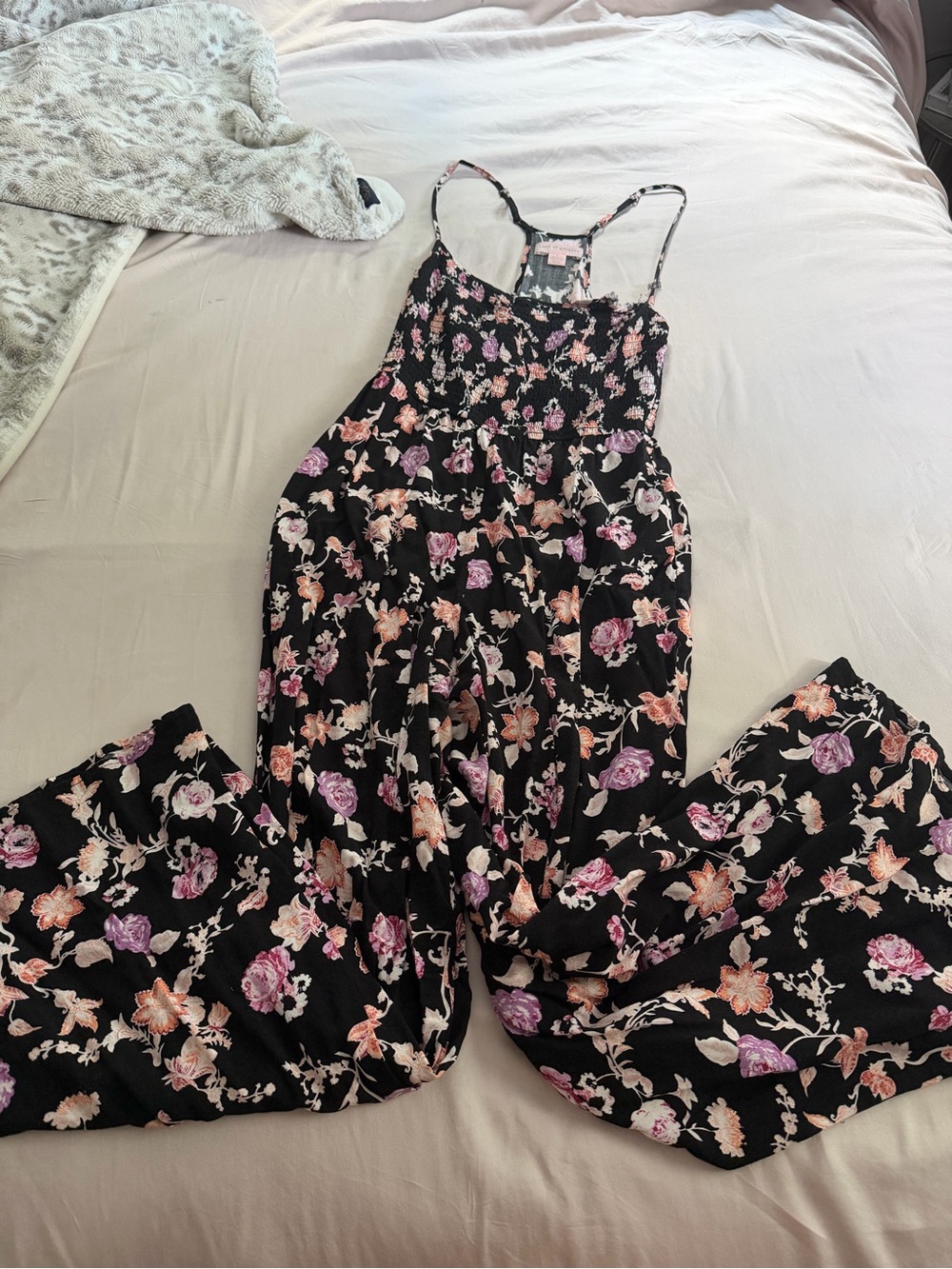 Band of Gypsies Black Floral Wide-Leg Romper with Pink and Peach Blooms